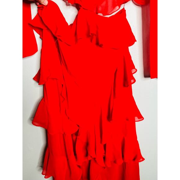 FAME & PARTNERS Red Chiffon Ruffle A-Line Mid-Cut Out Marse Gown Dress Size 2 - Picture 11 of 16